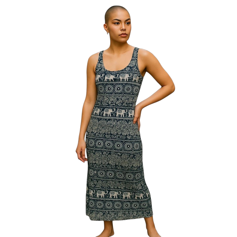 Rue 21 Elephant Print Maxi Women S Sleeveless 1/2 half lined Blue Whilte